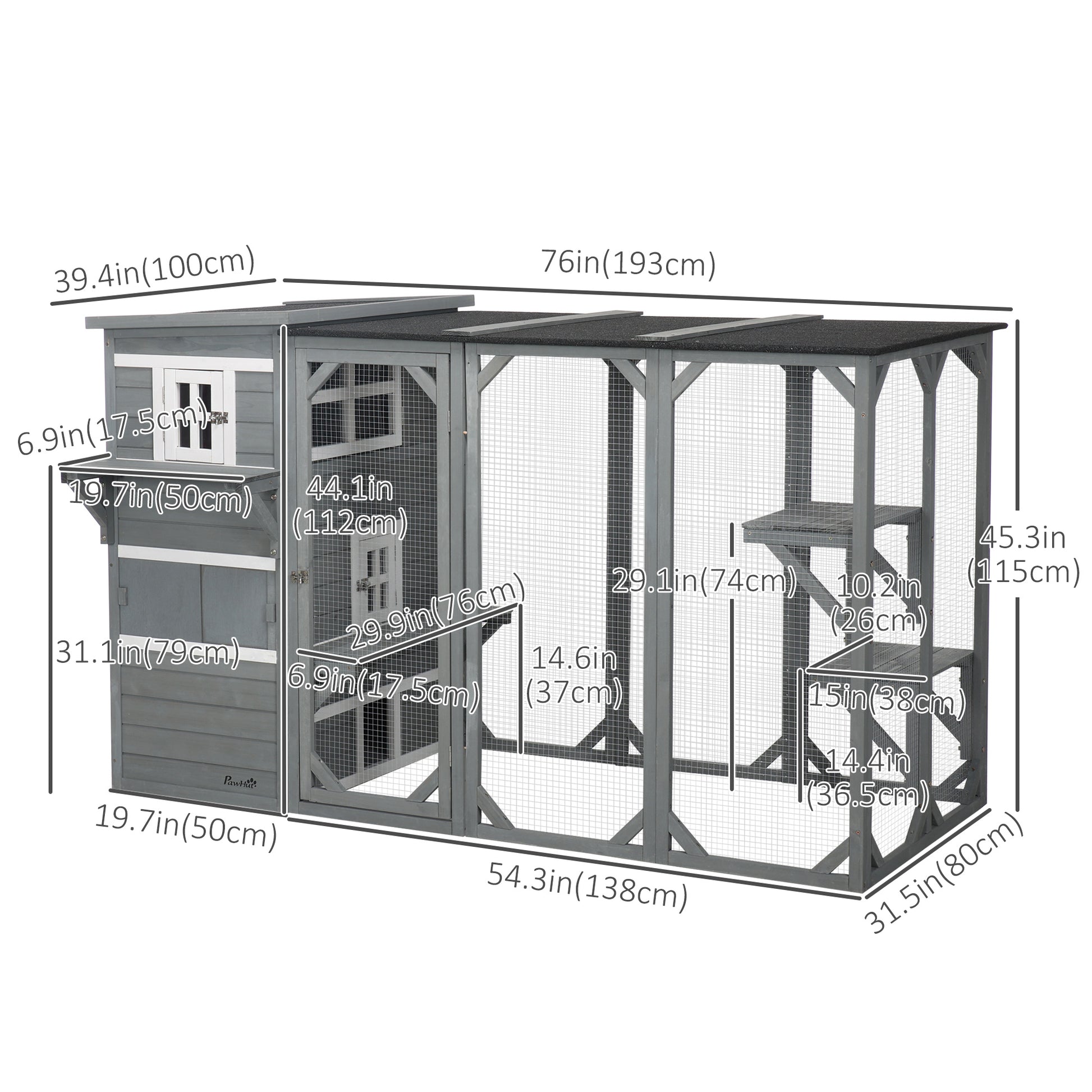 Wooden Cat Catio, 76"L Walk in Outdoor Cat House with Asphalt Roof, Platforms, Lockable Doors, 3-tier Resting Condo, Obs