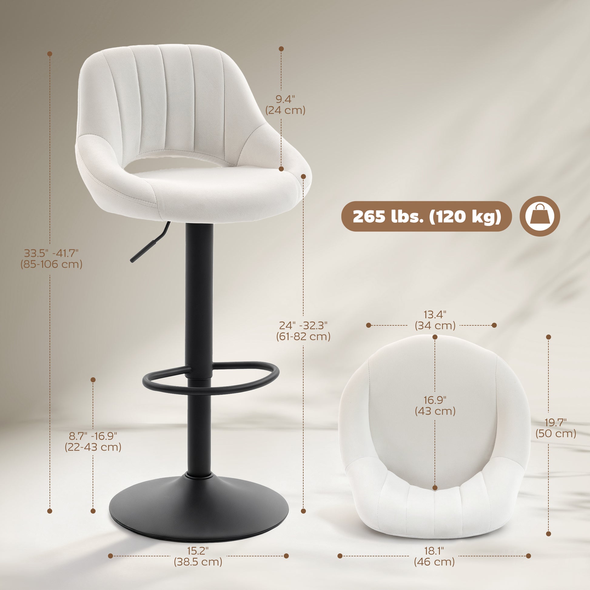 Bar Stools Set of 2, Swivel Counter Height Barstools with Adjustable Height and Cutout Back, Velvet Upholstered Bar Chai