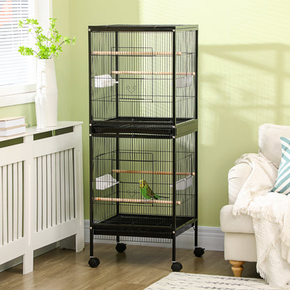 55.1" 2 In 1 Bird Cage Aviary Parakeet House for finches, budgies with Wheels, Slide-out Trays, Wood Perch, Food Contain