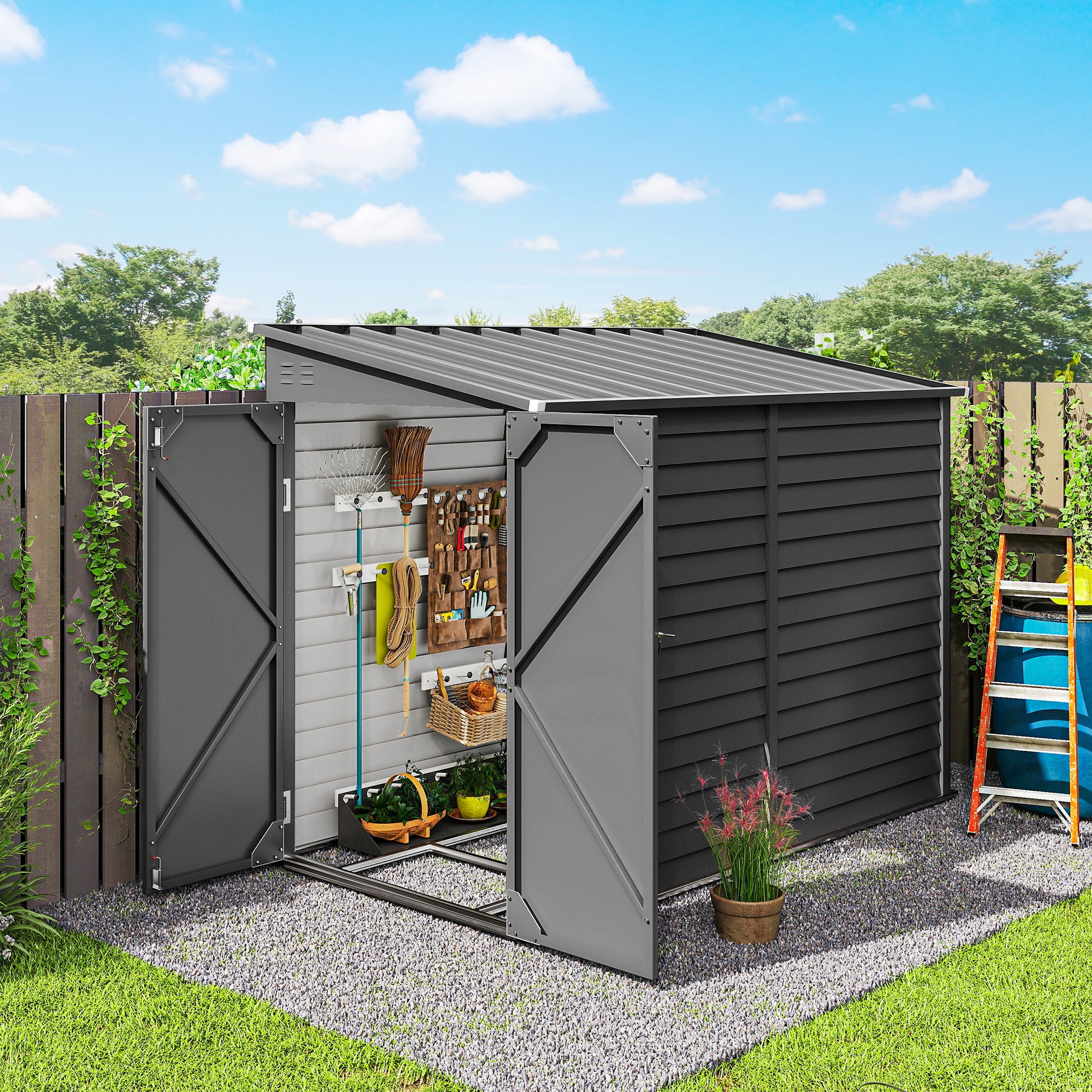 4.6' x 9' Steel Outdoor Storage Shed, Lean to Shed, Metal Tool House with Foundation Kit, Lockable Doors, Gloves and 2 A