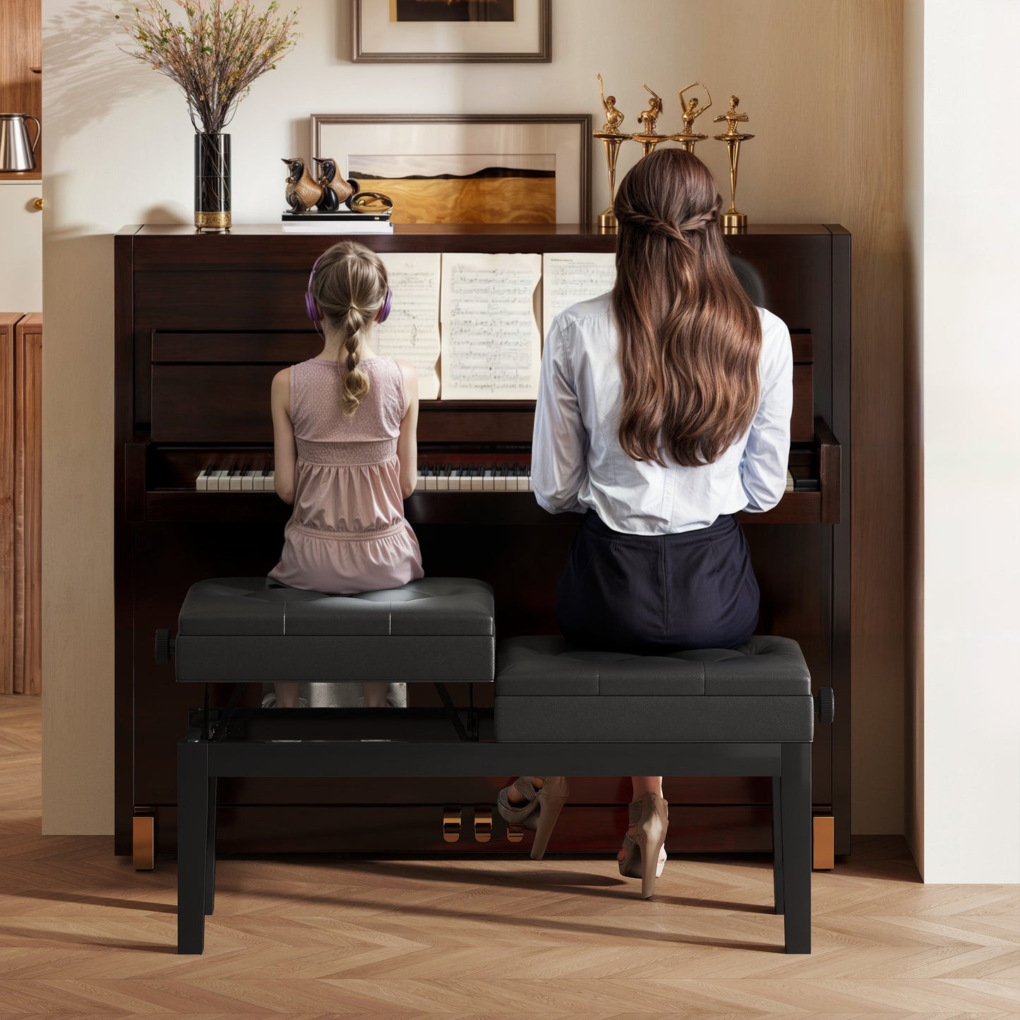 Piano Bench with Storage, Height Adjustable Piano Stool, PU Leather Tufted Keyboard Seat, Black