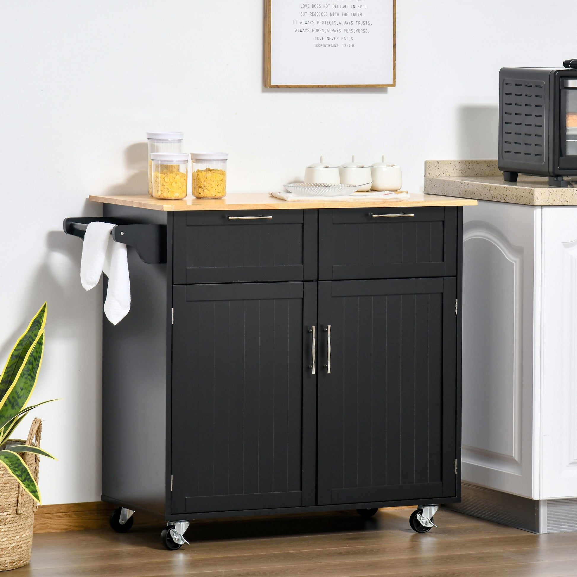 Rolling Kitchen Island, Kitchen Cart on Wheels with 2 Storage Drawers, 2 Door Cabinets and Towel Rack for Dining Room (B