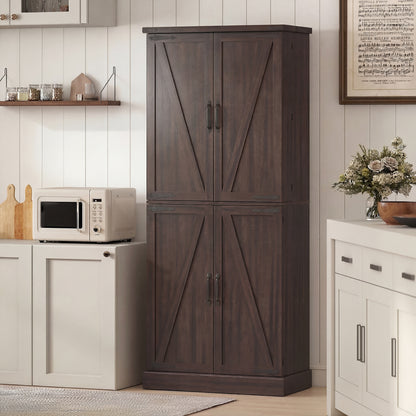 72" Tall Kitchen Pantry Cabinet, Farmhouse Storage Cabinet with 8 Door Racks and Adjustable Shelves, Distressed Brown