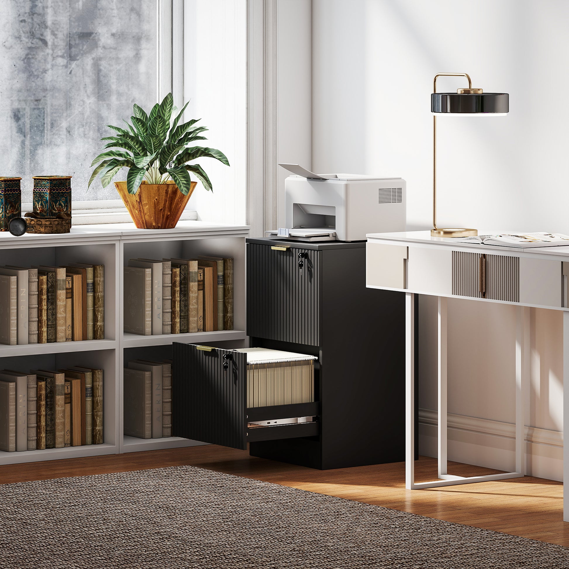Lockable Filing Cabinet with 2 Fluted Drawers, File Cabinet with Adjustable Hanging Rails for A4 Letter Files, Black