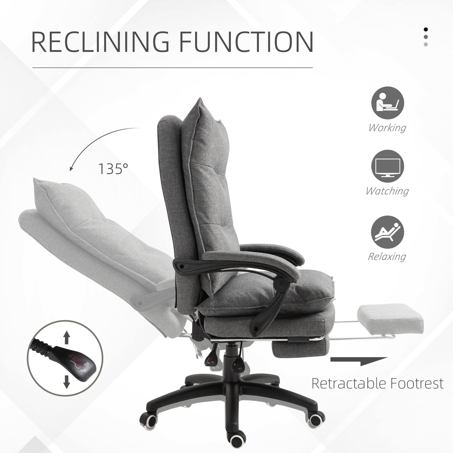 Office Chair 360° Swivel Adjustable Height Linen Style Fabric Recliner with Retractable Footrest and Double Padding, Gre