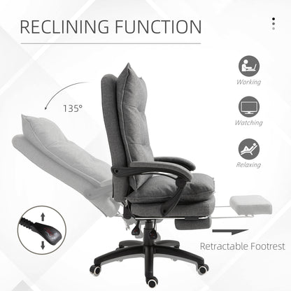 Office Chair 360° Swivel Adjustable Height Linen Style Fabric Recliner with Retractable Footrest and Double Padding, Gre