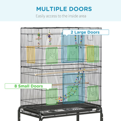 52" Bird Cage with Rolling Stand, Toys, for Budgies Canaries Black