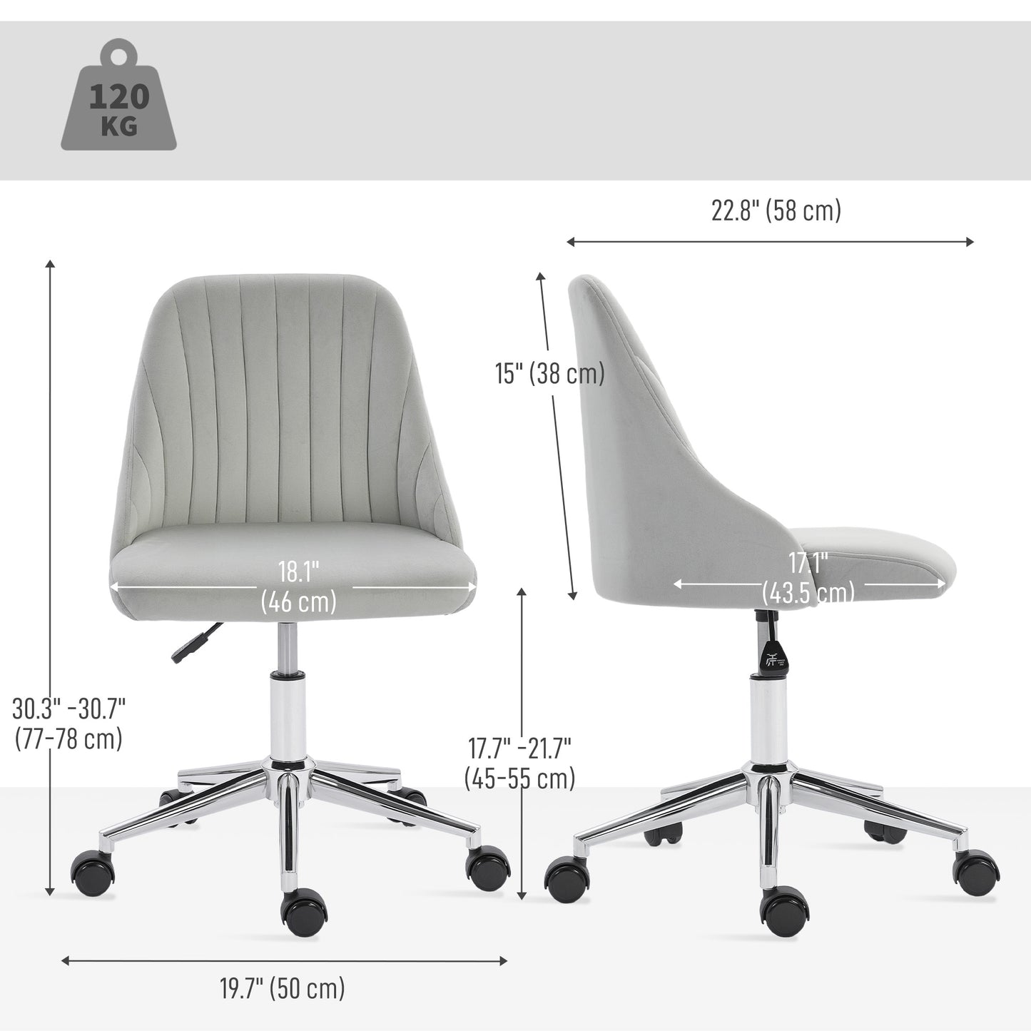 Vanity Chair for Makeup, Velvet Comfy Office Chair with Adjustable Height, Swivel Wheels for Bedroom, Living Room, Grey
