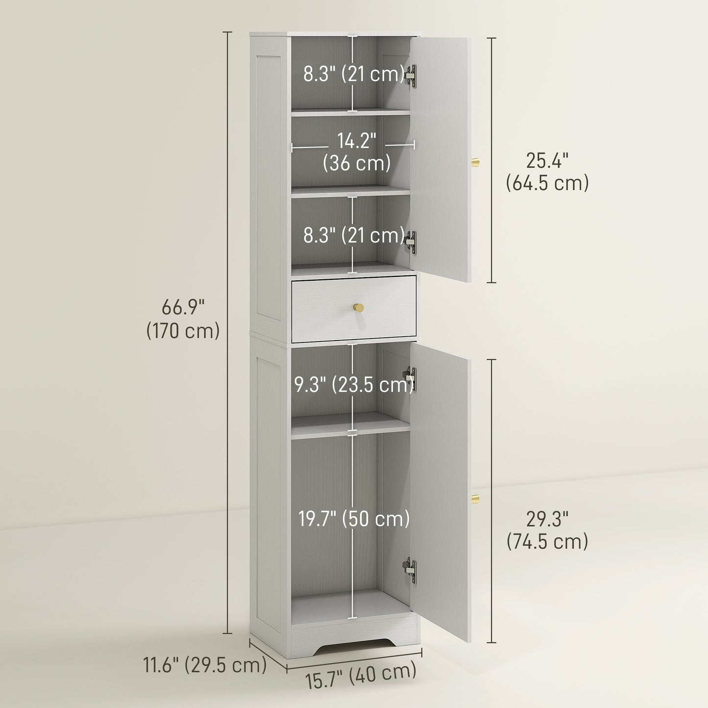 67" Tall Bathroom Cabinet, Slim Bathroom Storage Cabinet with 2 Doors, Drawer and Adjustable Shelf, White Wood Grain