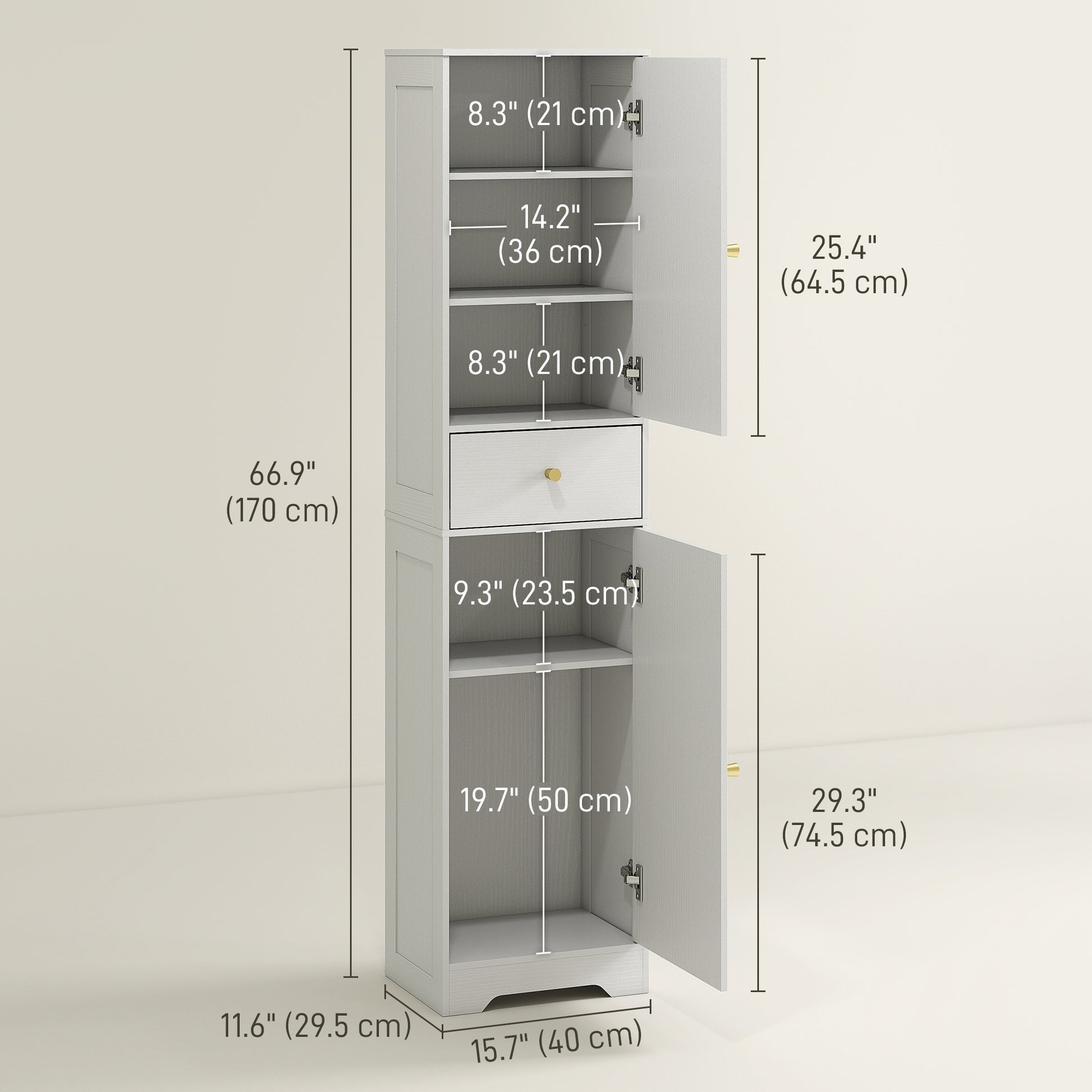 67" Tall Bathroom Cabinet, Slim Bathroom Storage Cabinet with 2 Doors, Drawer and Adjustable Shelf, White Wood Grain