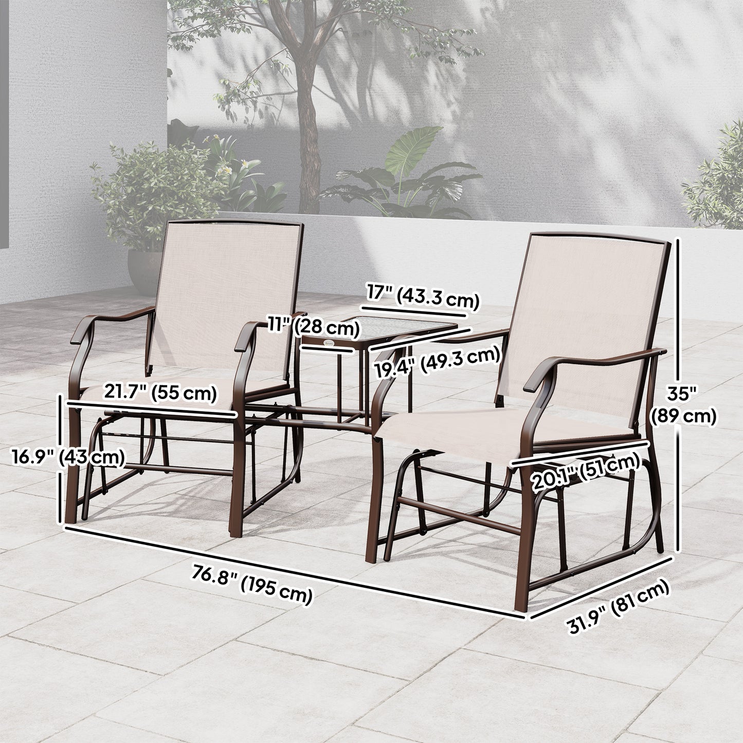 Double Patio Glider Chair with Glass Top Center Table, Outdoor Glider Loveseat with High Back,  All Weather Breathable M
