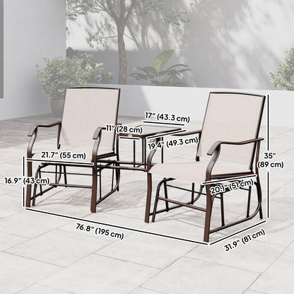 Double Patio Glider Chair with Glass Top Center Table, Outdoor Glider Loveseat with High Back,  All Weather Breathable M