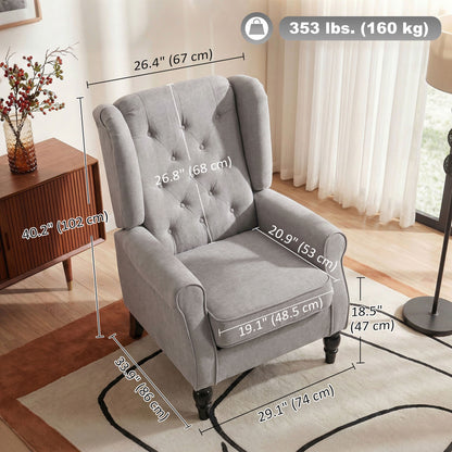Fabric Accent Chair, Button Tufted Armchair, Upholstered Modern Living Room Chair, Wingback Chair with Wood Legs, Rolled