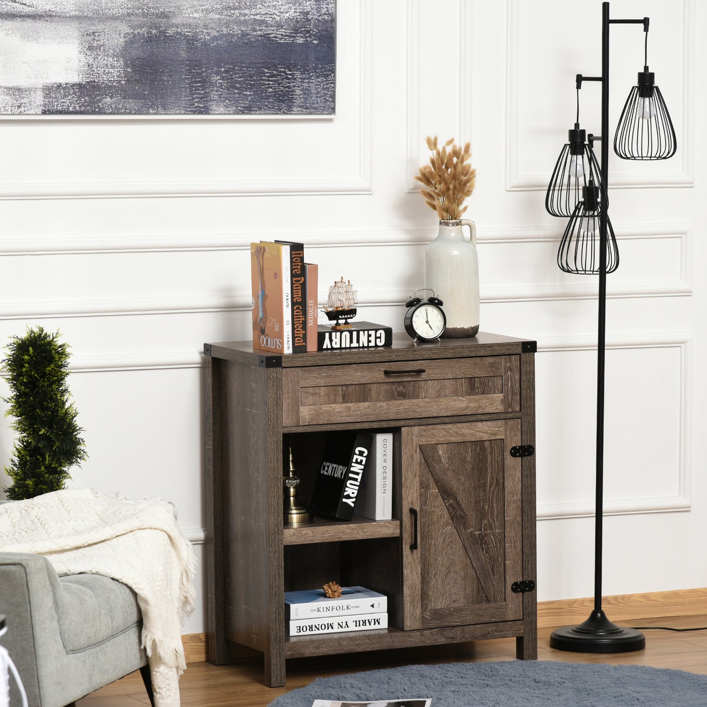 Rustic Barn Door Storage Cabinet Modern Farmhouse Buffet Sideboard for Kitchen & Dining Room  Dark Oak