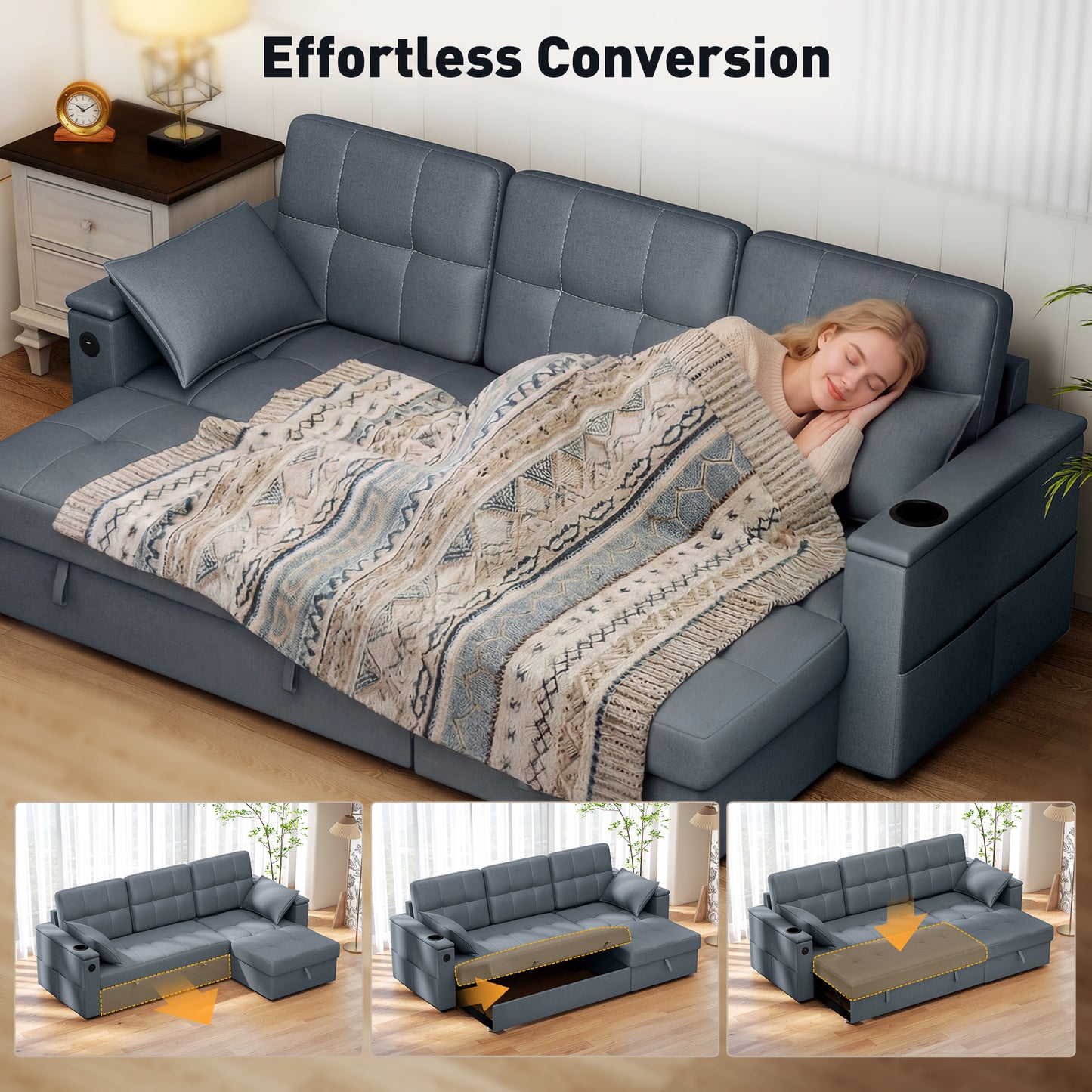 Convertible Sectional Sofa Bed, Pull Out Sleeper Sofa Couch with USB‑A+C, Chaise Storage, L-Shaped Futon Couch, Dark Gre