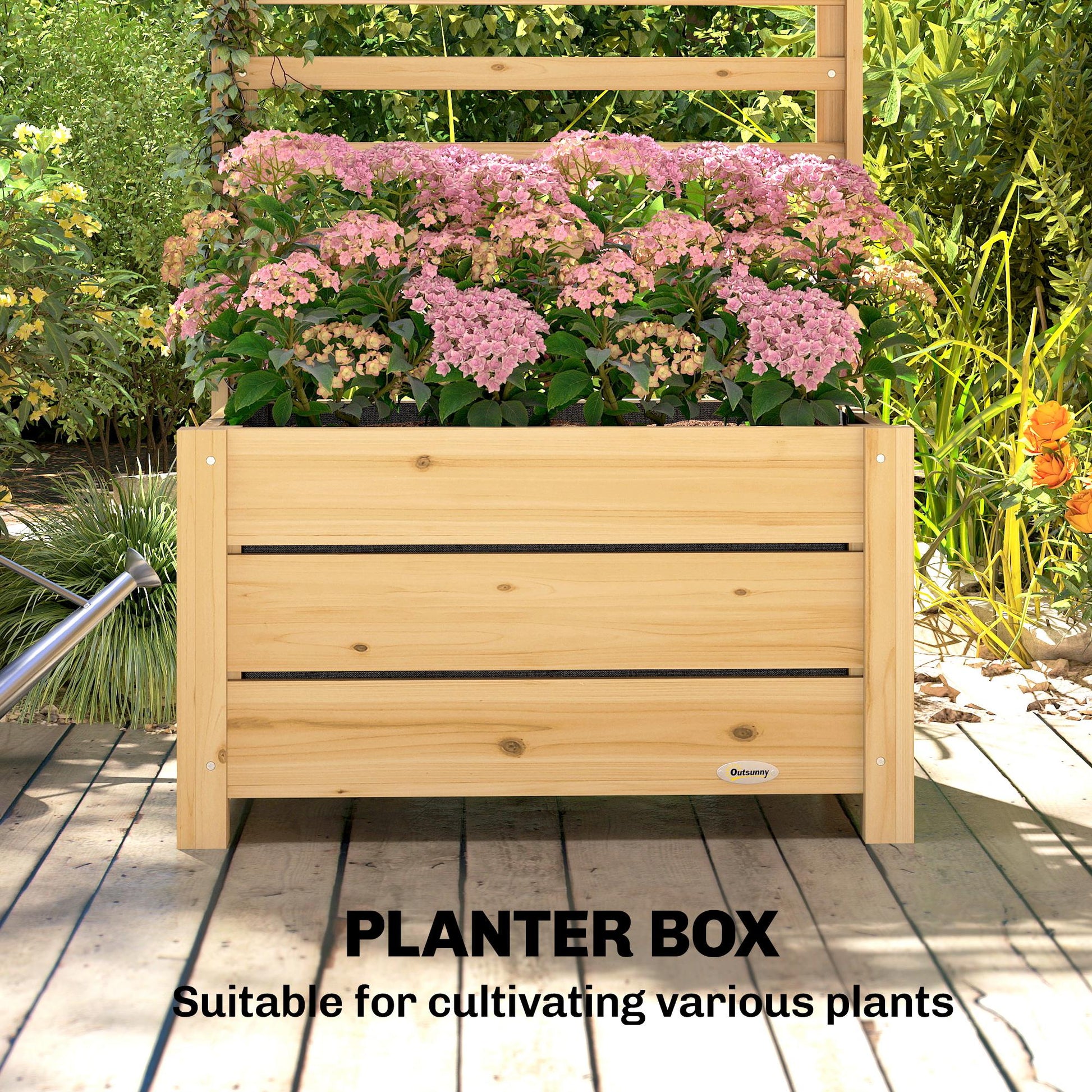 Wooden Raised Garden Bed with Trellis, Outdoor Elevated Planter Box with Drainage Hole and Bed Liner