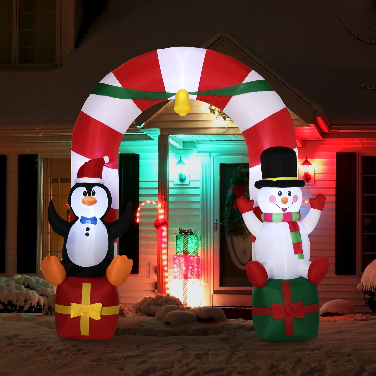 9ft Christmas Inflatable Candy Cane Archway with Penguin Snowman Sit on Gift Box, Blow-Up Outdoor LED Yard Display for L