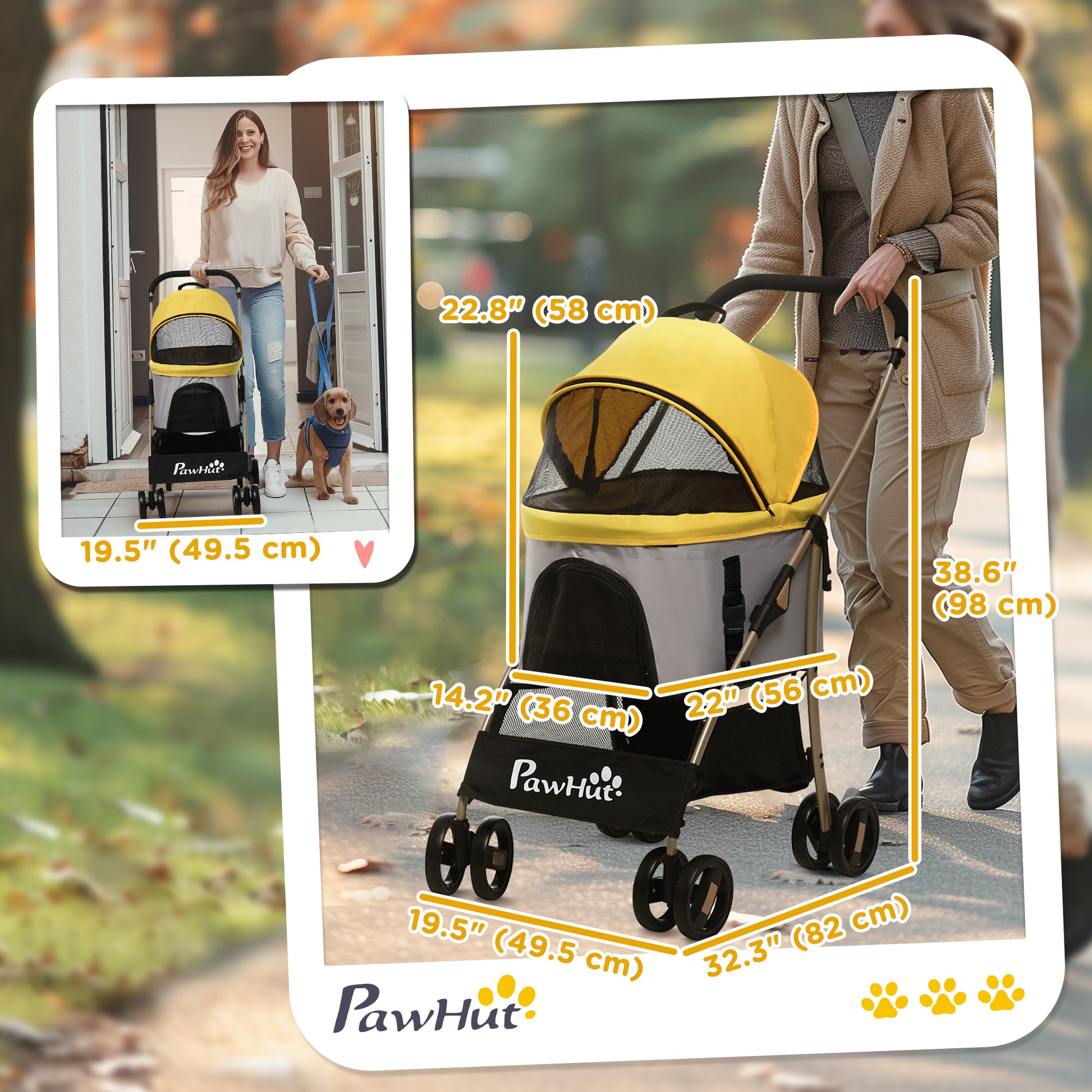 4 Wheels Pet Stroller, 3 in 1 Dog Cat Travel Folding Carrier, for Small Dogs, Detachable, w/ Brake, Canopy, Basket, Stor