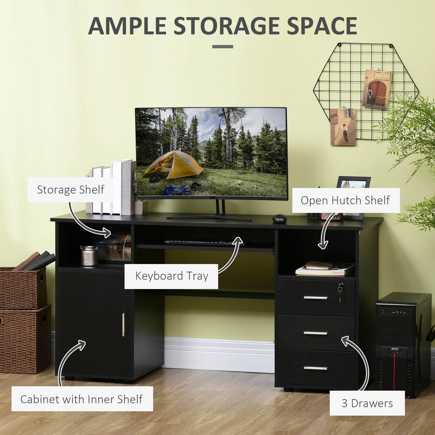 57" Computer Desk with Drawers, Home Office Desk with Keyboard Tray, Open Shelves and Lockable Drawer, Writing Workstati