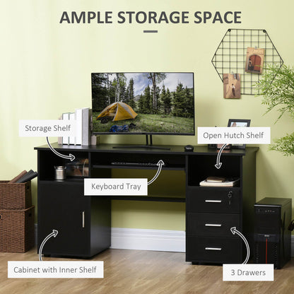 57" Computer Desk with Drawers, Home Office Desk with Keyboard Tray, Open Shelves and Lockable Drawer, Writing Workstati