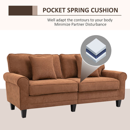 Modern 3 Seater Sofa, Corduroy Fabric 3 Seater Couch with Pine Wood Legs and Rolled Armrests for Living Room, Brown