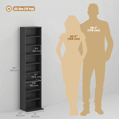 Media Storage Cabinet, 9-Tier Tall Narrow DVD Shelf with 6 Adjustable Shelves, Black