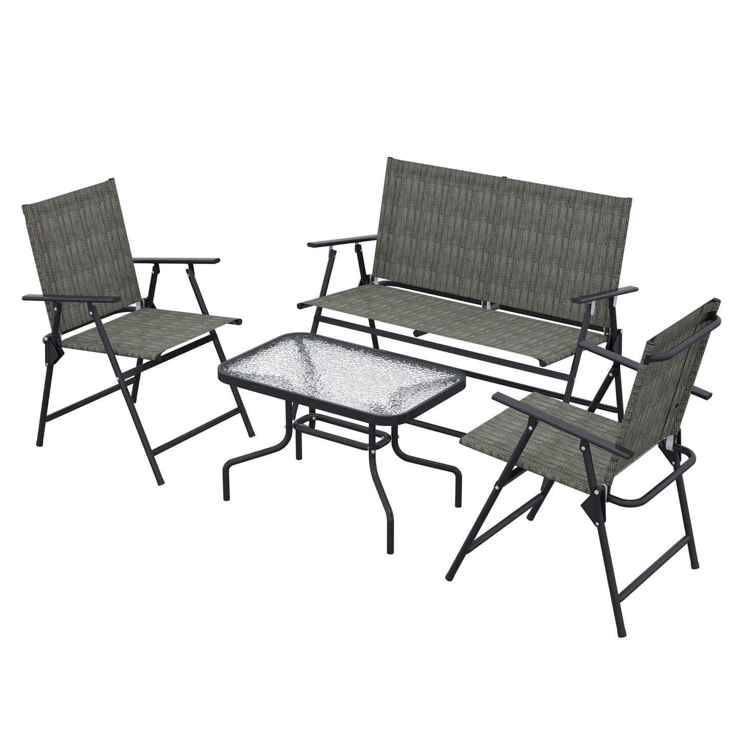 Outdoor 4 Pieces Patio Furniture Set, Garden Set with Two Foldable Armchairs, a Loveseat & Glass Top Table, Mixed Brown