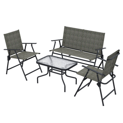 Outdoor 4 Pieces Patio Furniture Set, Garden Set with Two Foldable Armchairs, a Loveseat & Glass Top Table, Mixed Brown