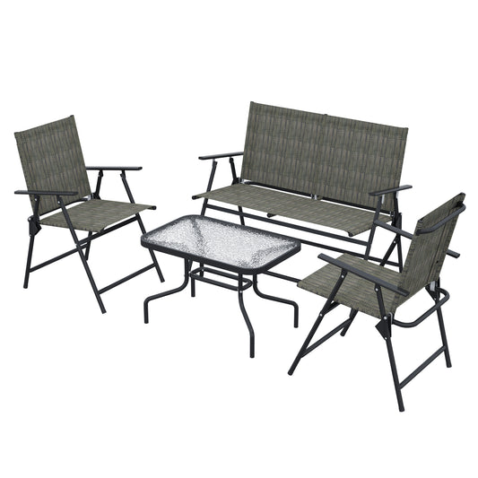 Outdoor 4 Pieces Patio Furniture Set, Garden Set with Two Foldable Armchairs, a Loveseat & Glass Top Table, Mixed Brown