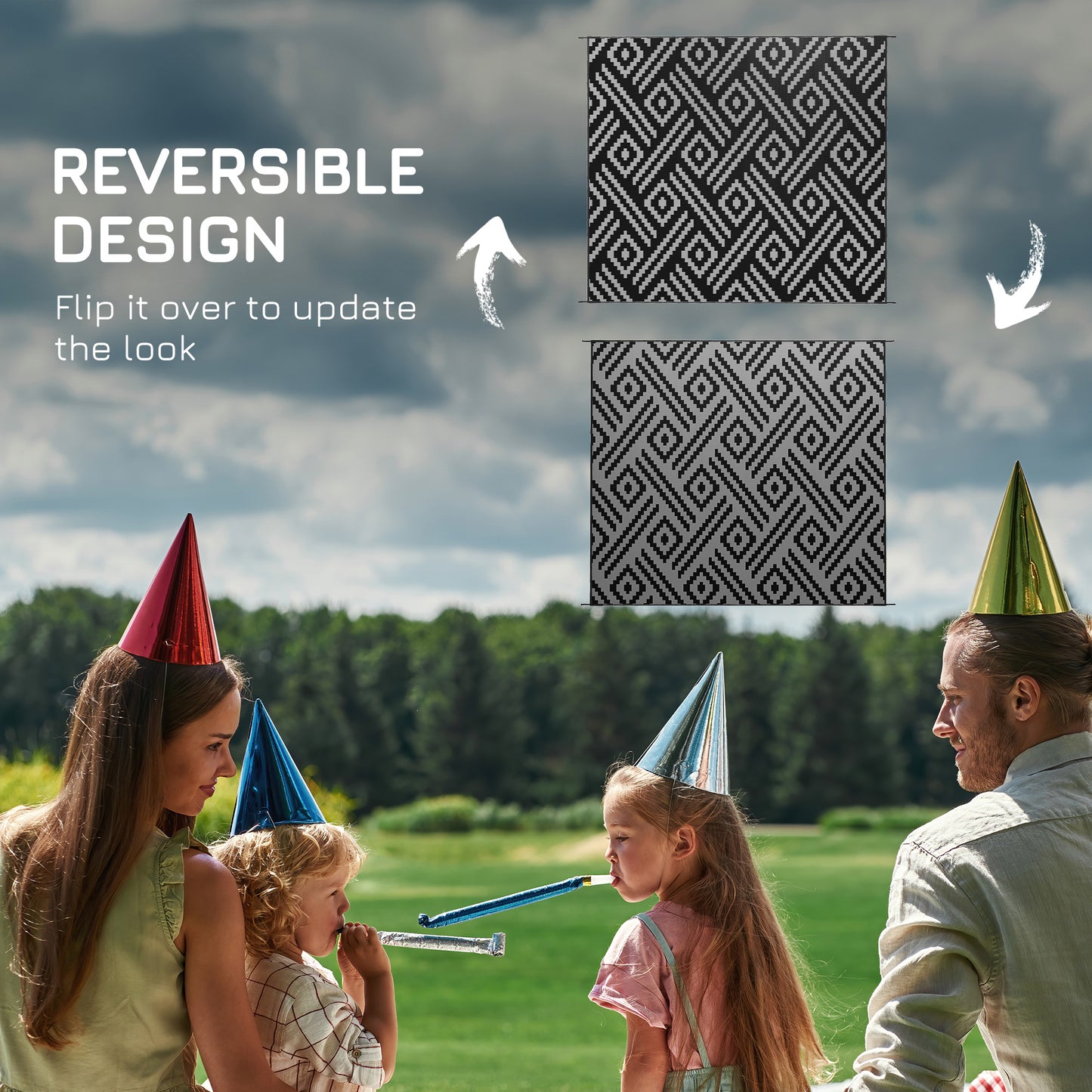 Reversible Outdoor Rug Waterproof Plastic Straw RV Rug with Carry Bag, 8' x 10', Black and Grey Geometric