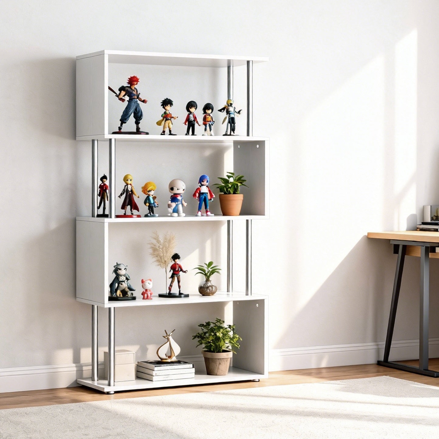 5-Tiers Geometric Wooden Bookcase S-Shaped Storage Bookshelf Display with Metal Frame for Living Room, Bedroom, Home Off