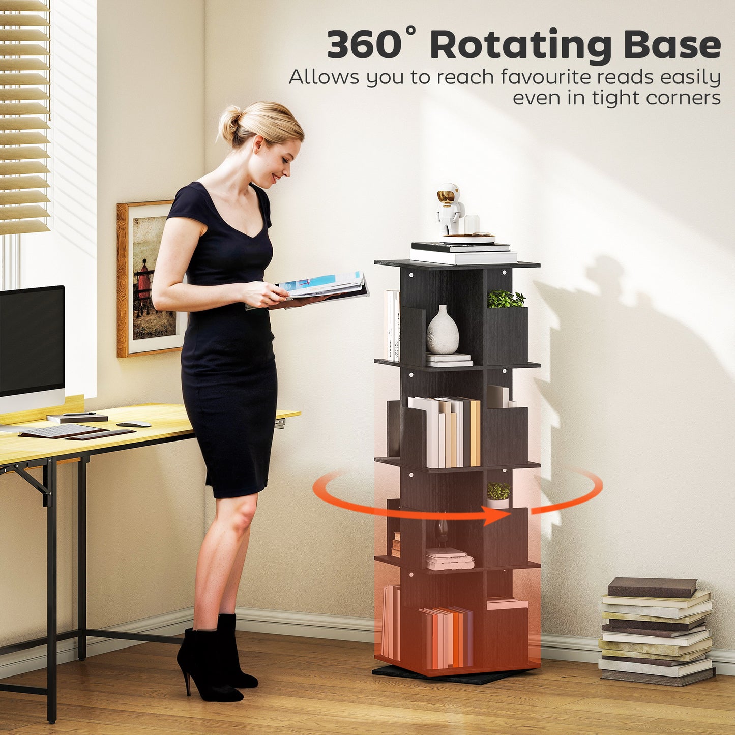 360° Rotating Bookcase with Anti-Tipping Straps, Anti-Slip Foot Pads, 4 Tier Bookshelf with 16 Cubbies for Books, Plants