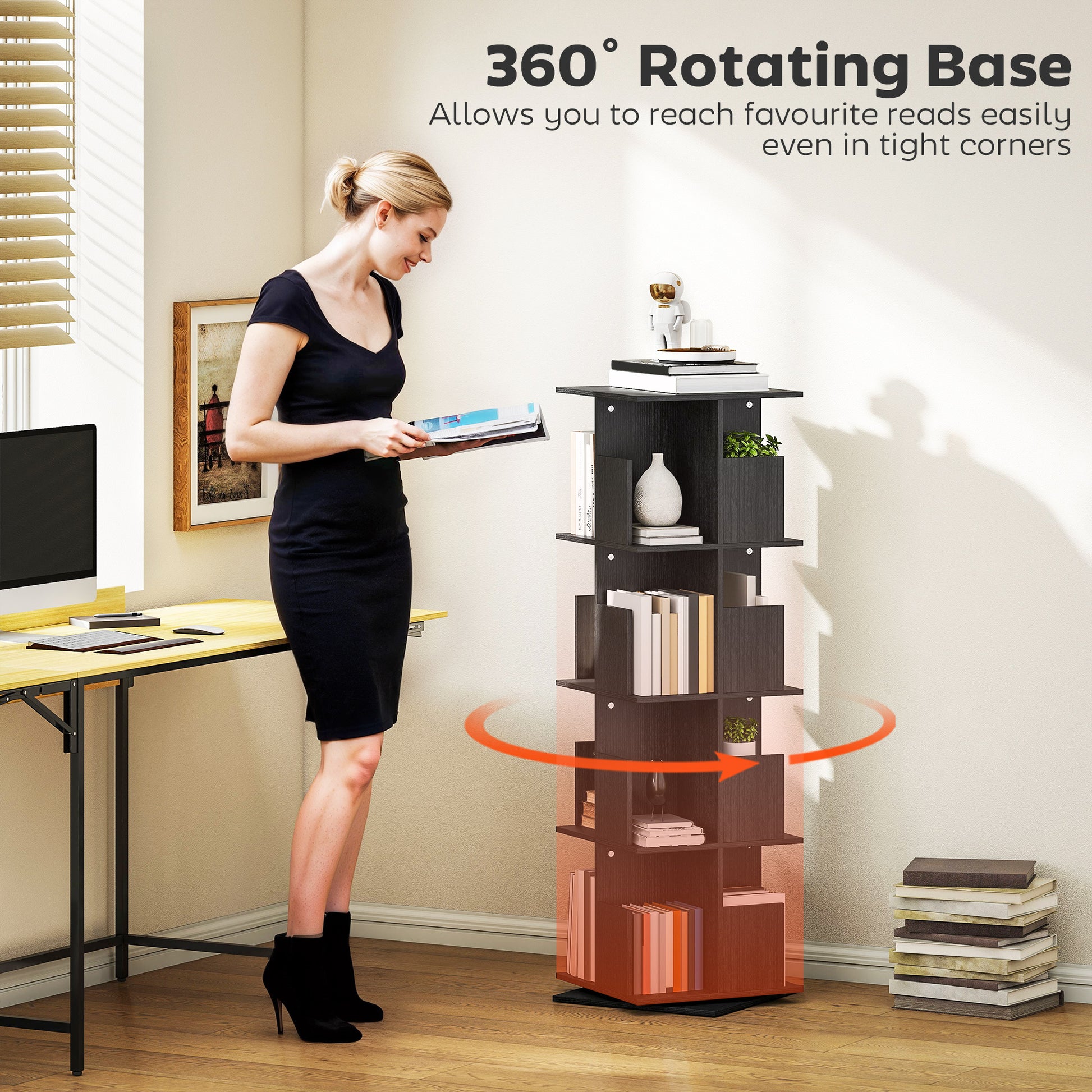 360° Rotating Bookcase with Anti-Tipping Straps, Anti-Slip Foot Pads, 4 Tier Bookshelf with 16 Cubbies for Books, Plants