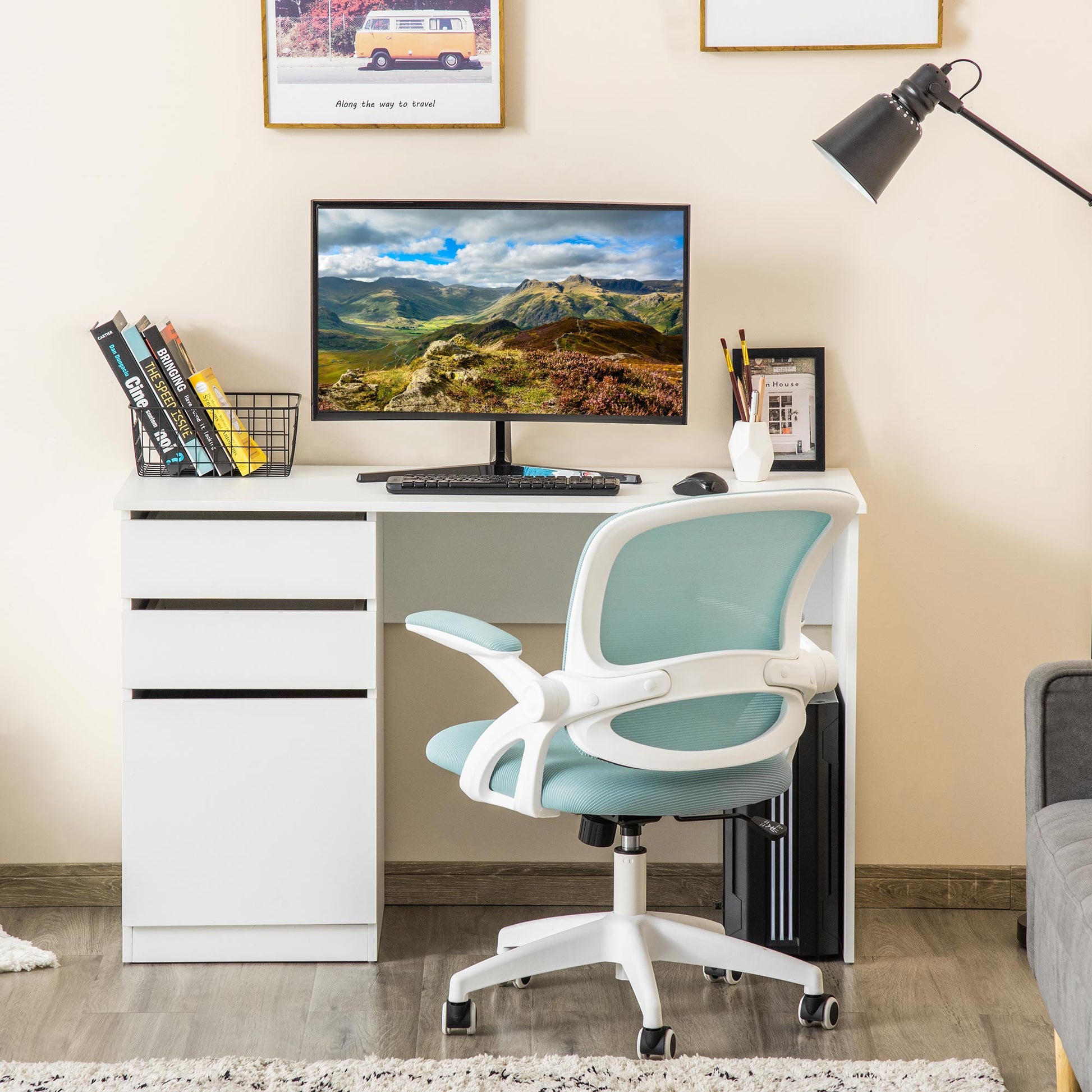 Modern Computer Desk, Home Office Desk for Study, Writing Workstation with Storage Drawer and Cabinet for Living Room, W