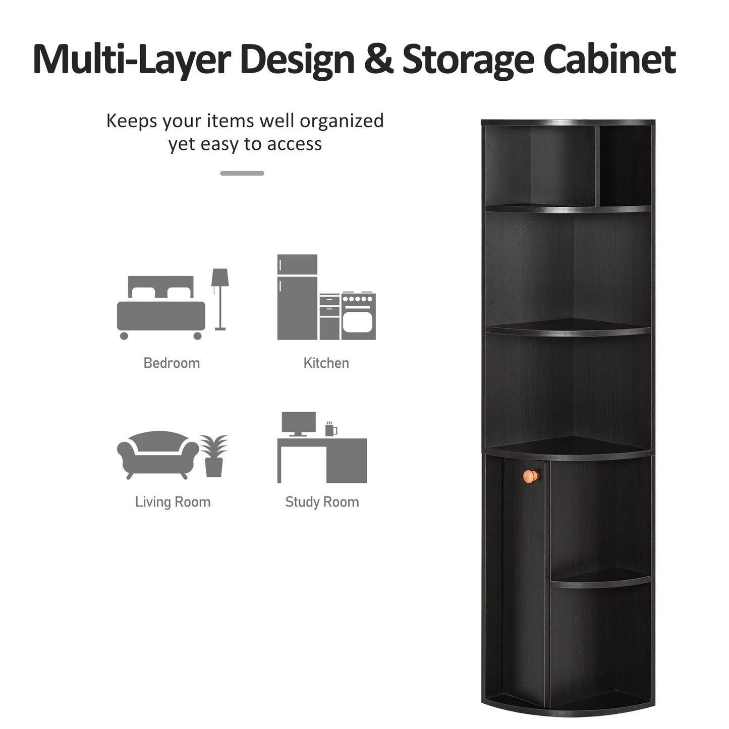 5-Tier Corner Bookcase, Storage Bookshelf, Freestanding Display Shelves with Open Compartments and Cabinet for Home Offi