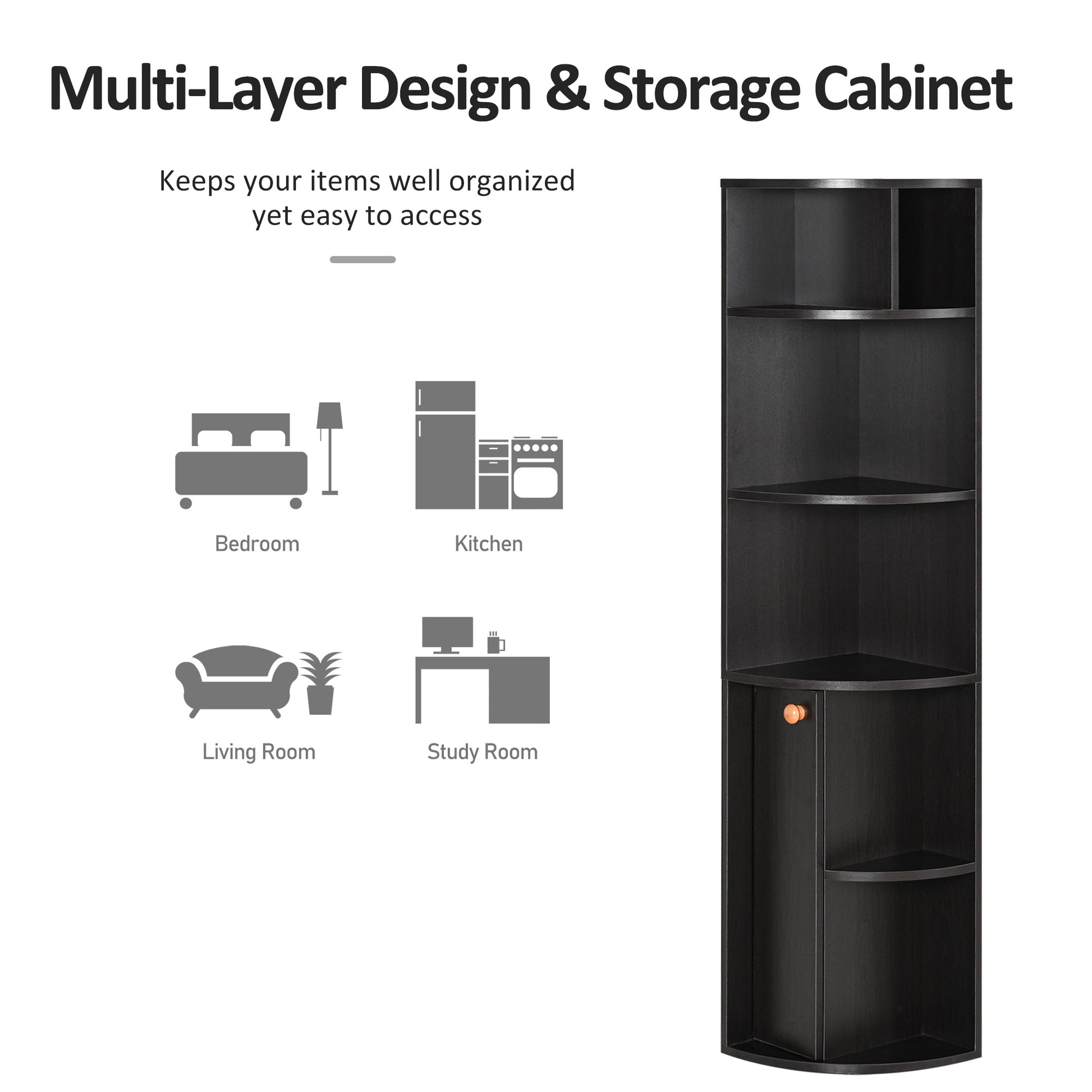 5-Tier Corner Bookcase, Storage Bookshelf, Freestanding Display Shelves with Open Compartments and Cabinet for Home Offi