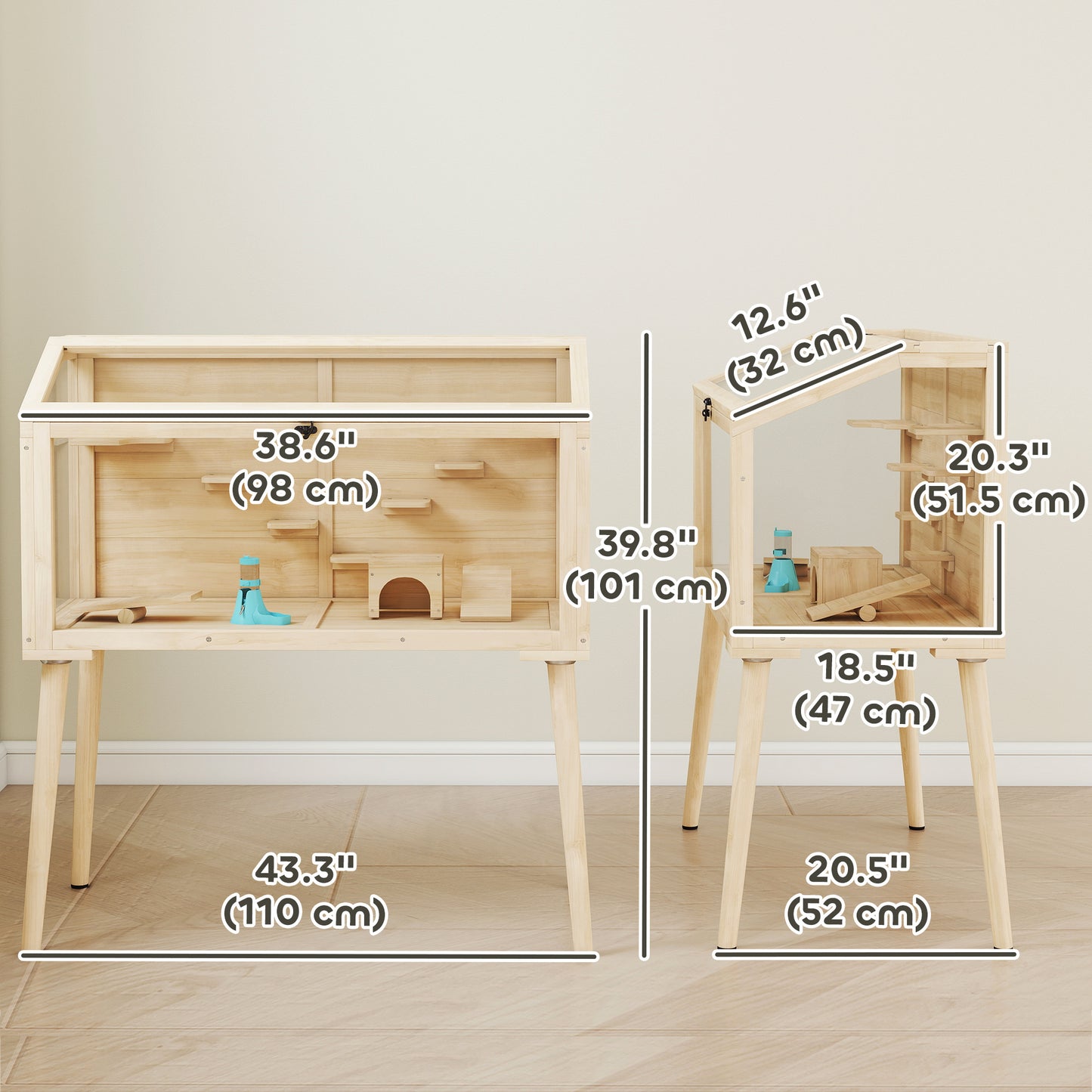 Wooden Hamster Cage, Hamster Habitat with Openable Top, Seesaws, Platforms, Water Bottle for Gerbils, 43.3"x20.5"x39.8"
