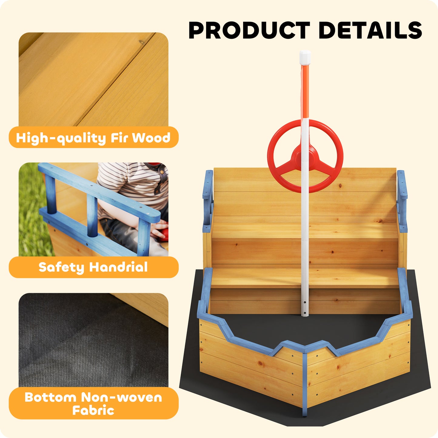Kids Wooden Sandbox Pirate Ship Sandboat Outdoor Backyard Playset Children Sandpit w/ Bench Seat Storage Space & Flag fo