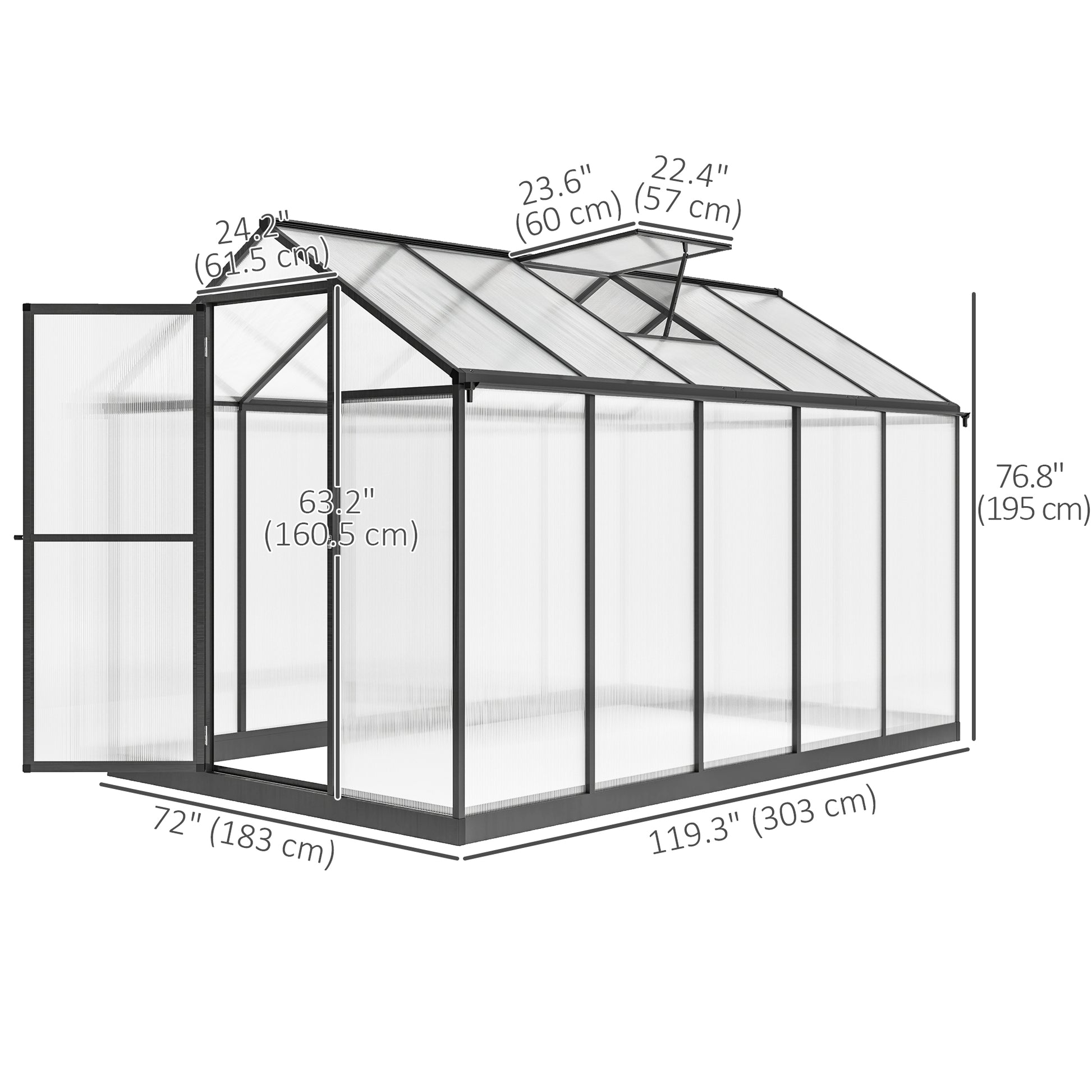 Polycarbonate Greenhouse, Aluminum Walk-In Green House Kit Garden, 6' x 10' x 6.4', Charcoal Grey