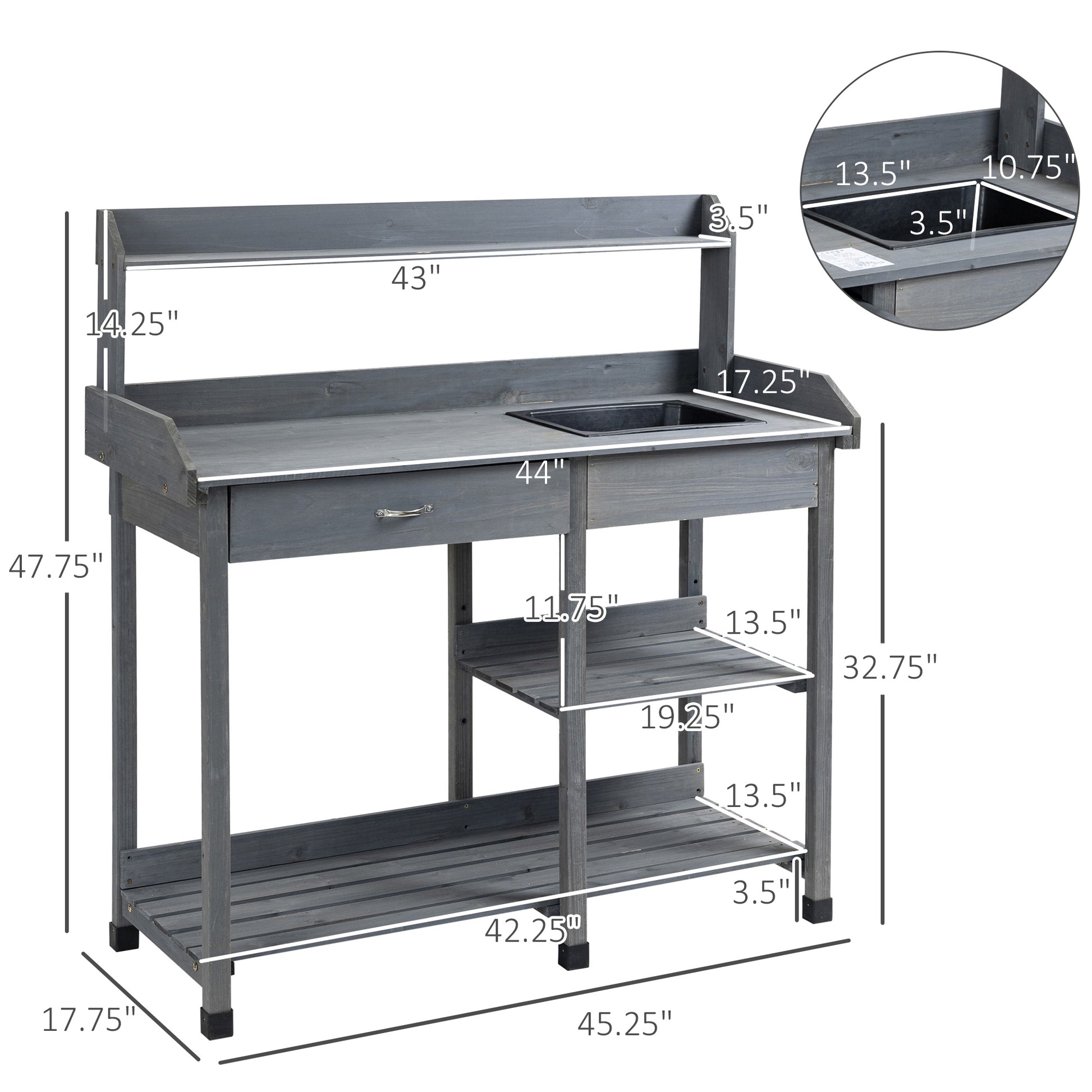 Potting Bench Table Garden Work Bench Workstation with Drawer, Removable Sink, Storage Shelves and Hooks for Patio, Cour