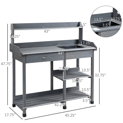 Potting Bench Table Garden Work Bench Workstation with Drawer, Removable Sink, Storage Shelves and Hooks for Patio, Cour