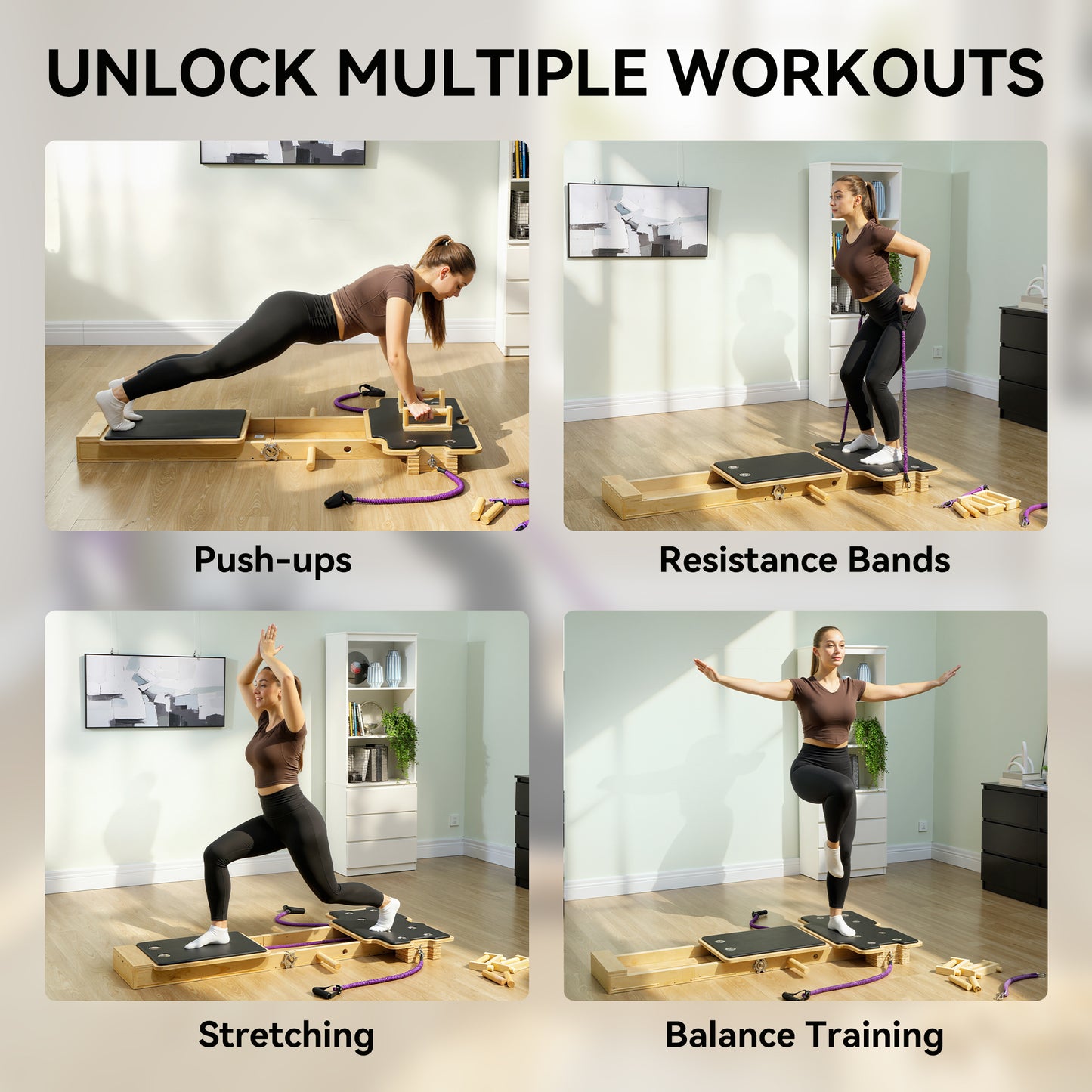 Soozier Foldable Pilates Reformer Machine, Multifunctional Pilates Board with Resistance Bands and Multi-Grips for Home 