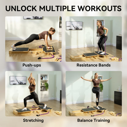 Soozier Foldable Pilates Reformer Machine, Multifunctional Pilates Board with Resistance Bands and Multi-Grips for Home 