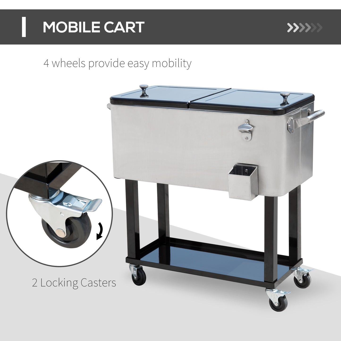 80 Quart Rolling Cooler Cart Ice Beer Beverage Cooling Bin for Outdoor Party, 35.4" x 15.4" x 32.7", Silver