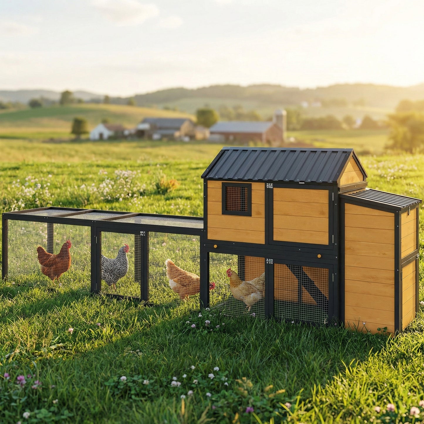 Large Chicken Coop, 134"L Wooden Chicken House with Run, Nesting Box, Slide-Out Tray, Waterproof Roof and Ramp