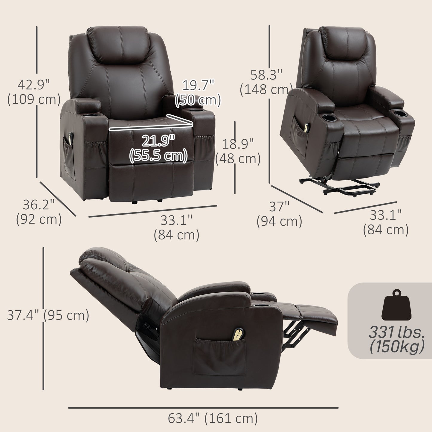 Power Lift Recliner Chair for Elderly, PU Leather Lift Chair with Thick and High Back, Footrest, Remote, Side Pockets, C