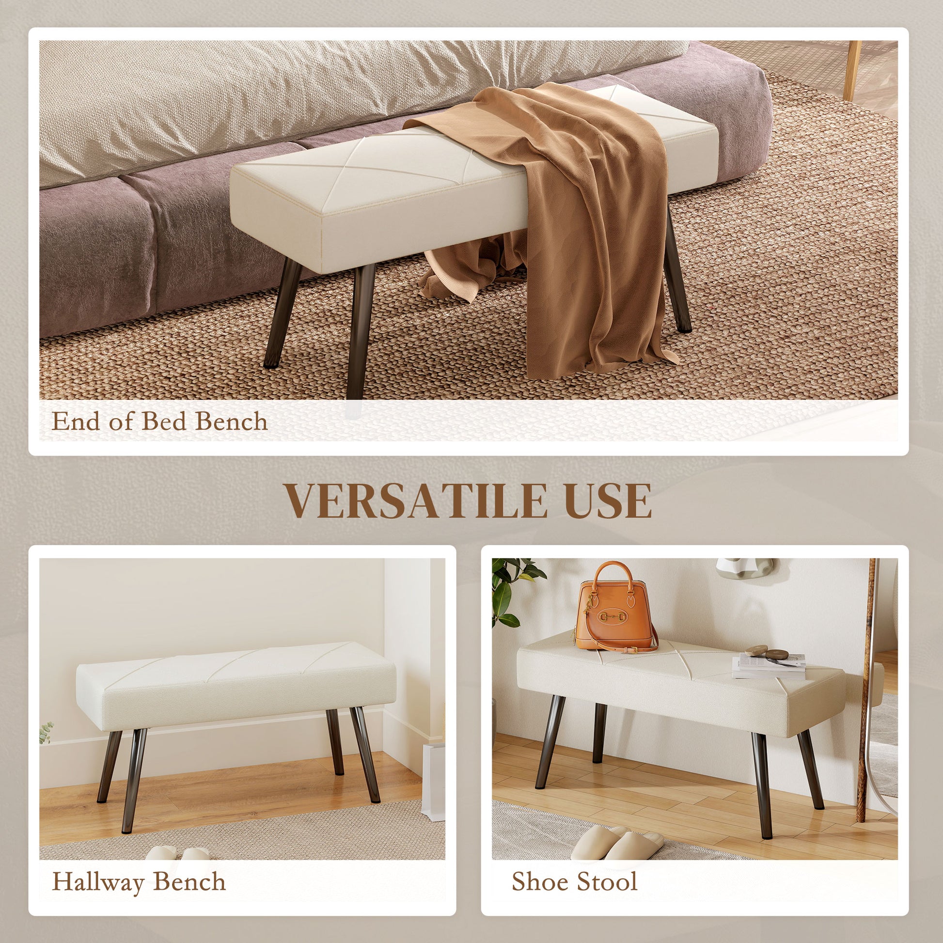 39 Inches Upholstered Bedroom Bench, Modern End of Bed Bench with Steel Legs, Cream White