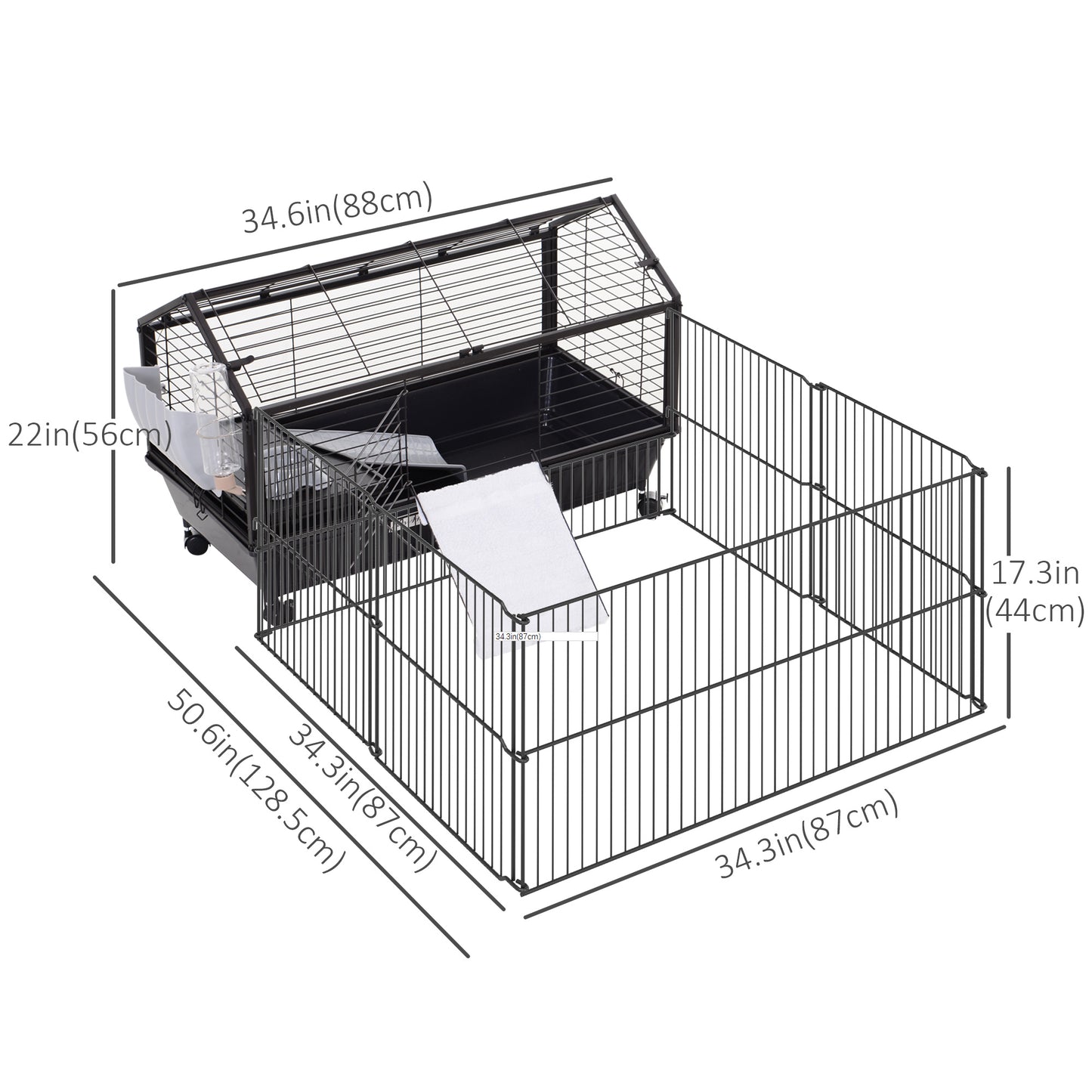 Guinea Pig Cage with Foldable Detachable Playpen, Rolling Rabbit Chinchilla Hedgehog Bunny Cage Small Animal Habitat wit