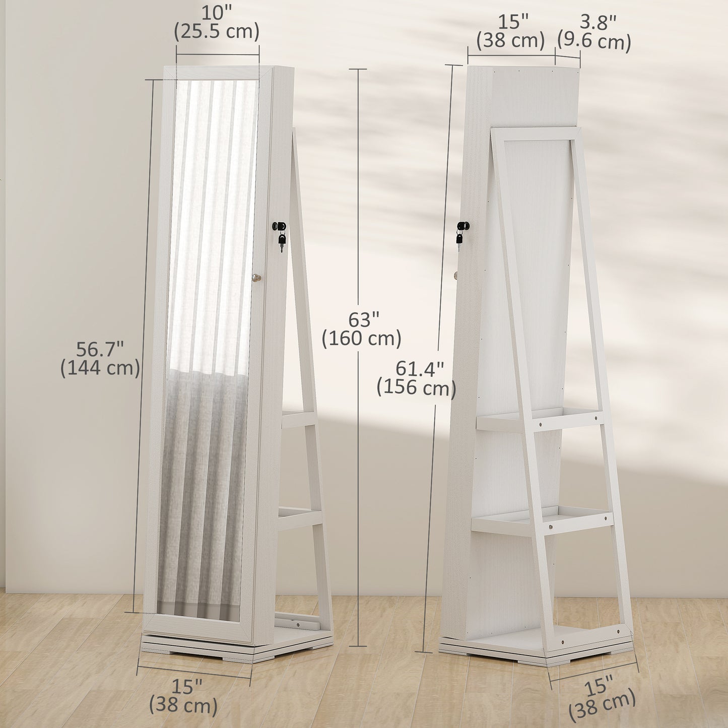 360° Swivel Jewelry Armoire, Lockable Mirror Jewelry Cabinet with Built-In Small Mirror, White