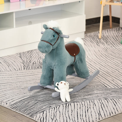 Qaba Kids Rocking Horse Plush Animal on Wooden Rockers with Sounds, Wooden Base and Bear Toy, Baby Rocking Chair, Blue